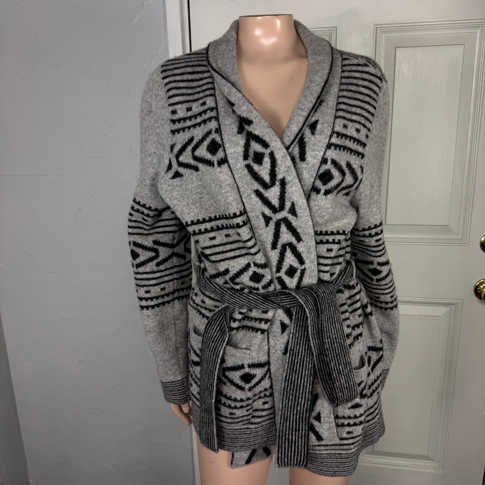 Pendleton Women's Sweater L Merino Wool Patch Pocket Belted Cardigan Aztec I3-4